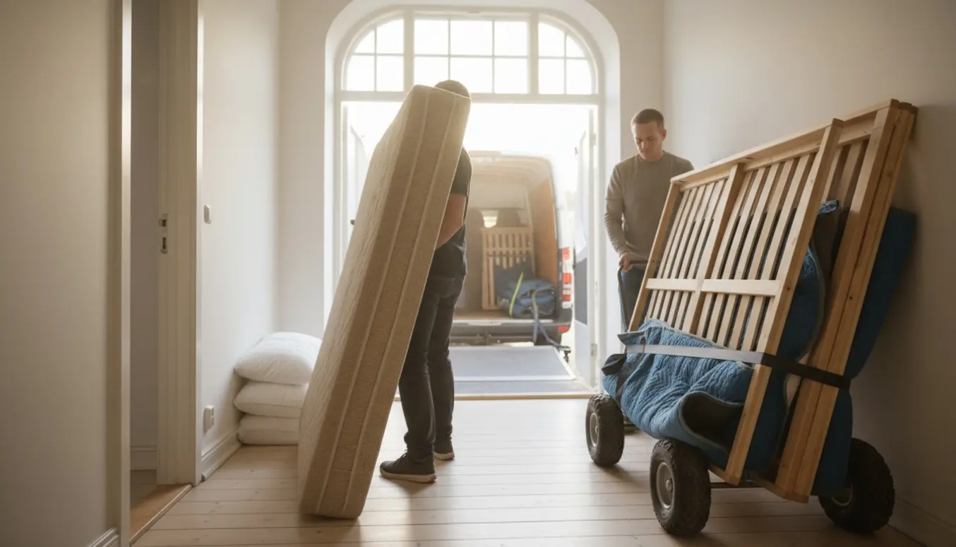 To flyttefolk bærer to senge og sengestel ned ad en trappe mod en åben, ubrandet varevogn i morgensol.