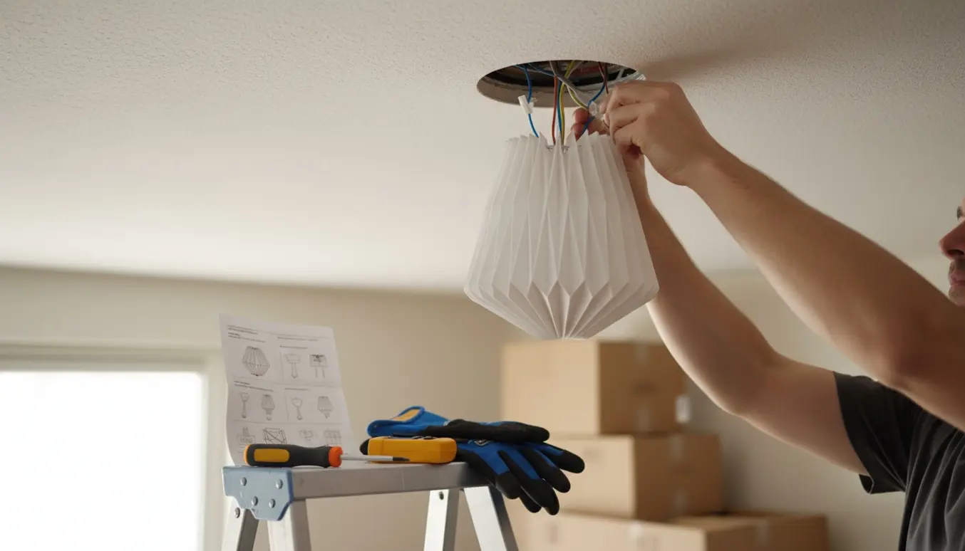 Hænder monterer en let papirloftlampe fra en stige ved et hul i loftet med eksponerede ledninger og værktøj.