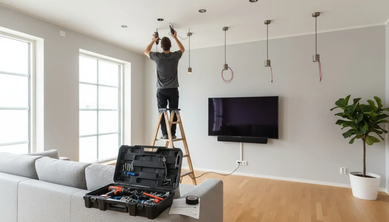 Person på en stige monterer loftslamper i en moderne stue med to vægmonterede TV og soundbar, værktøj ligger klar.