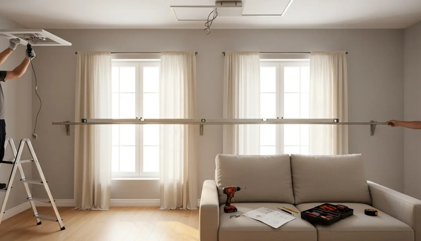 Hænder på en stige monterer en loftlampe, mens nye gardiner hænges op ved to vinduer i en lys stue.
