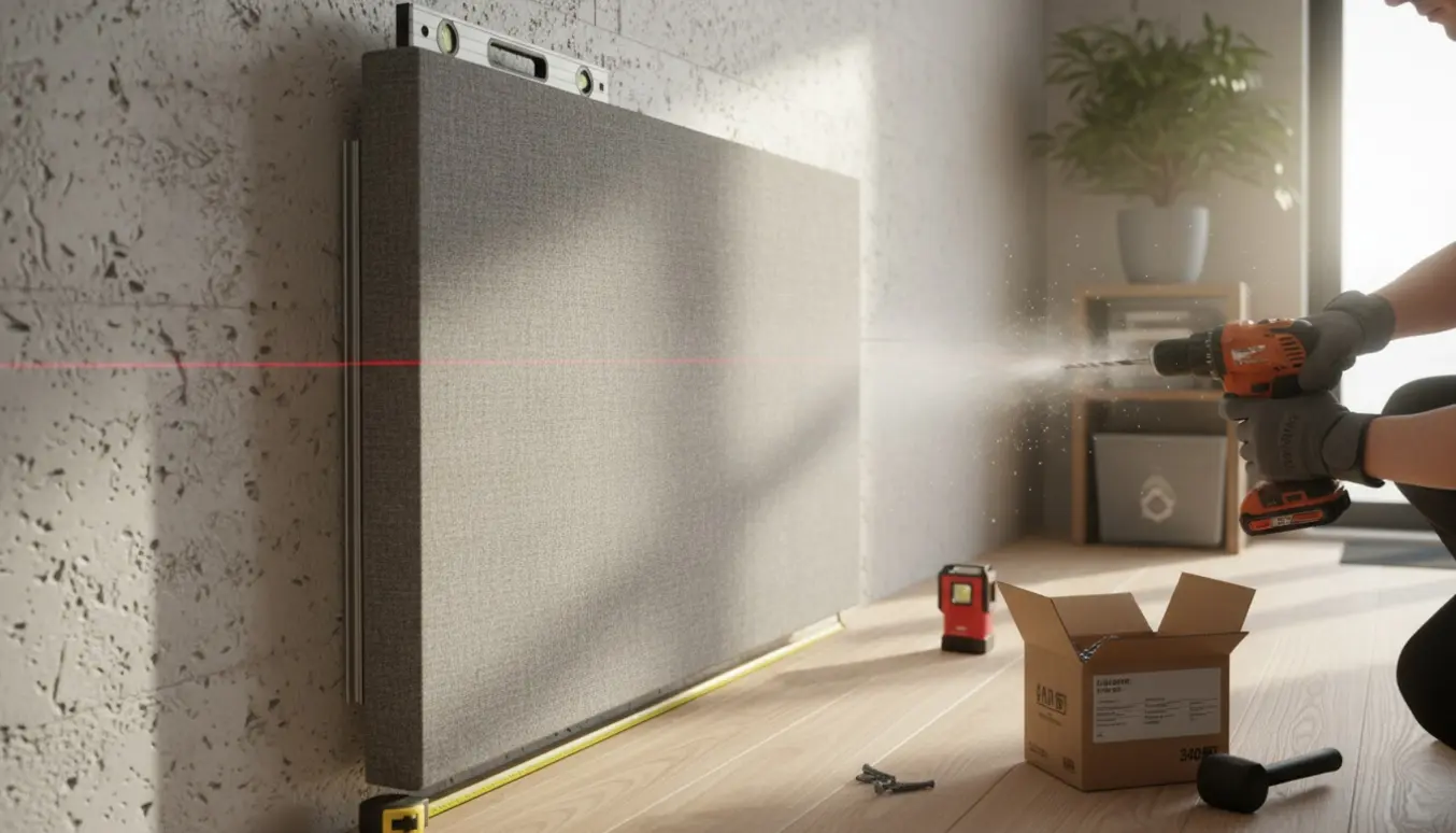 Akustikpanel på gasbetonvæg under opsætning med boremaskine, målebånd og monteringsbeslag.