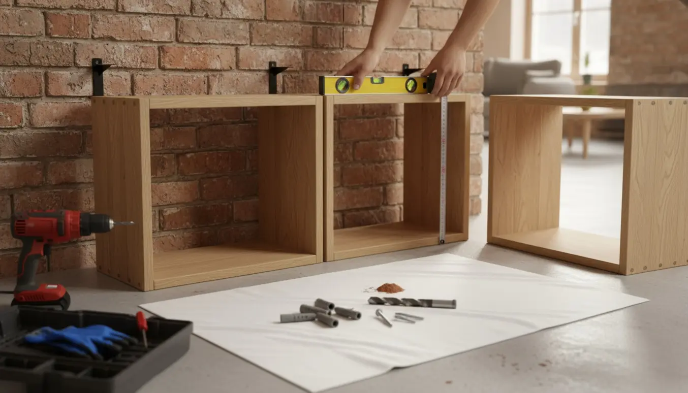 En hånd holder et hyldebeslag op mod en murstensvæg, mens hylderne står klar på gulvet med målebånd og vaterpas.