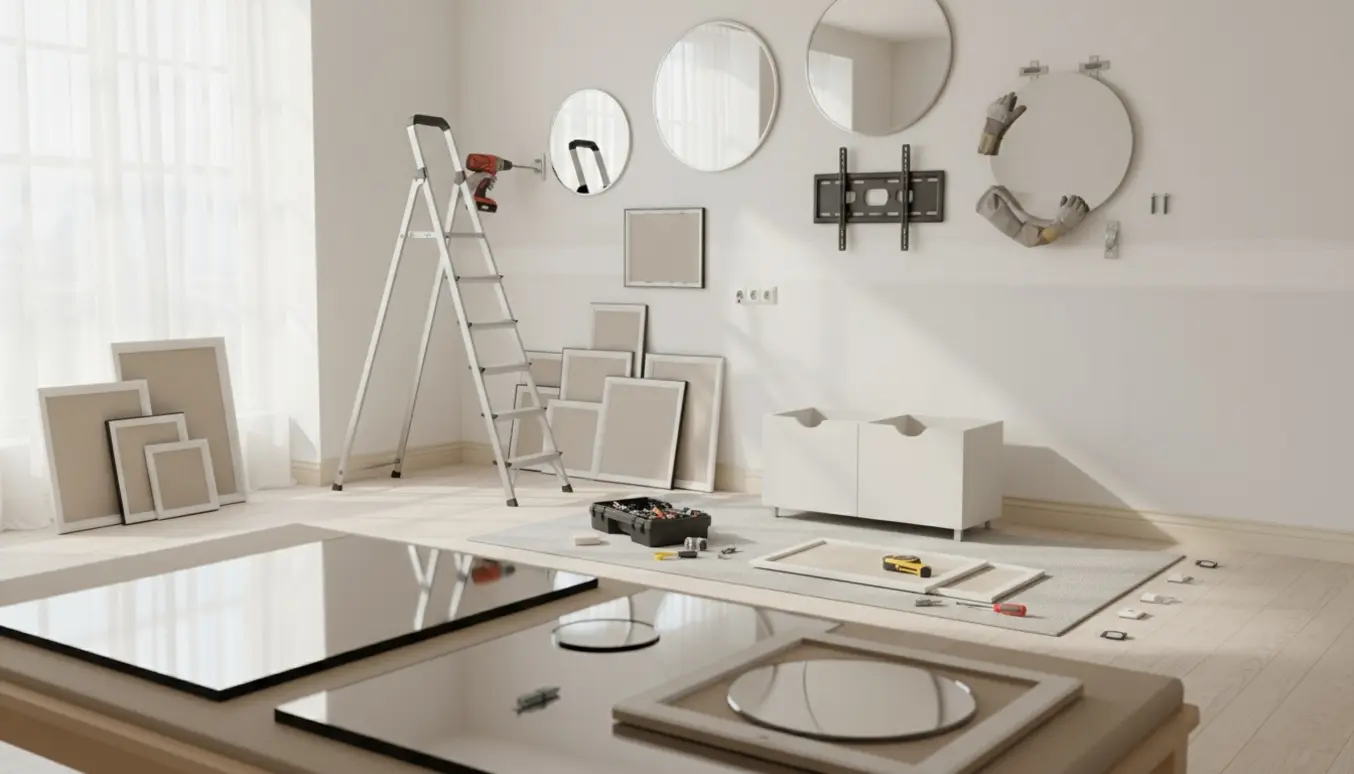 Hænder monterer vægbeslag til tv og spejle på en høj gipsvæg med stige, værktøj og delvist samlet skoskab i rummet.