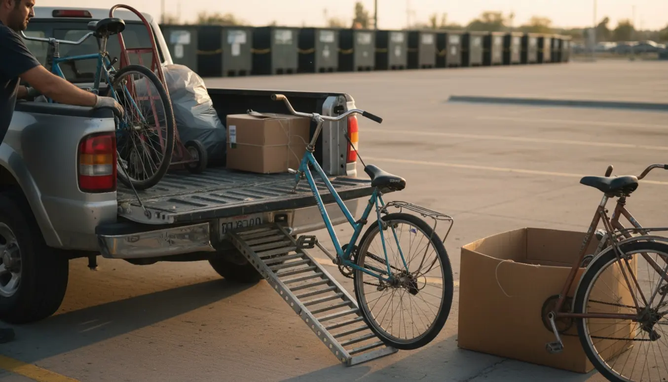 To cykler og øvrigt affald læsset i en pickup ved en genbrugsplads, hænder i handsker sikrer lasten.