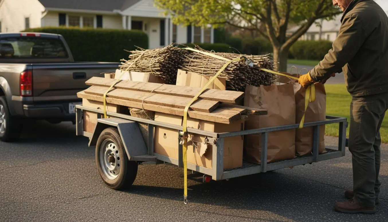 En lille trailer læsses med bundtede grene, papkasser og små træplanker på en indkørsel, klar til bortkørsel.