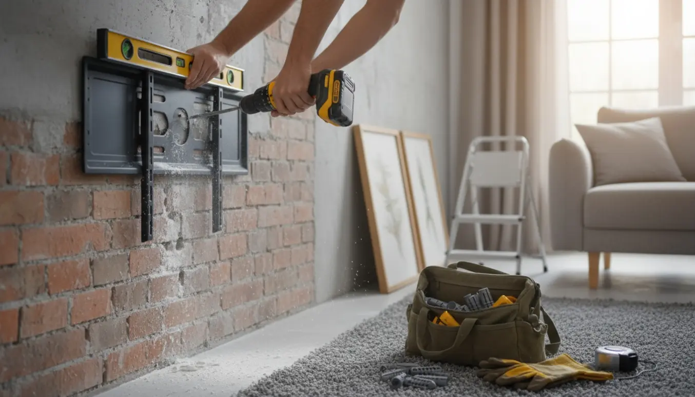 Nogen monterer et fjernsyn på en rå beton-/murstensvæg med værktøj og rammer klar.