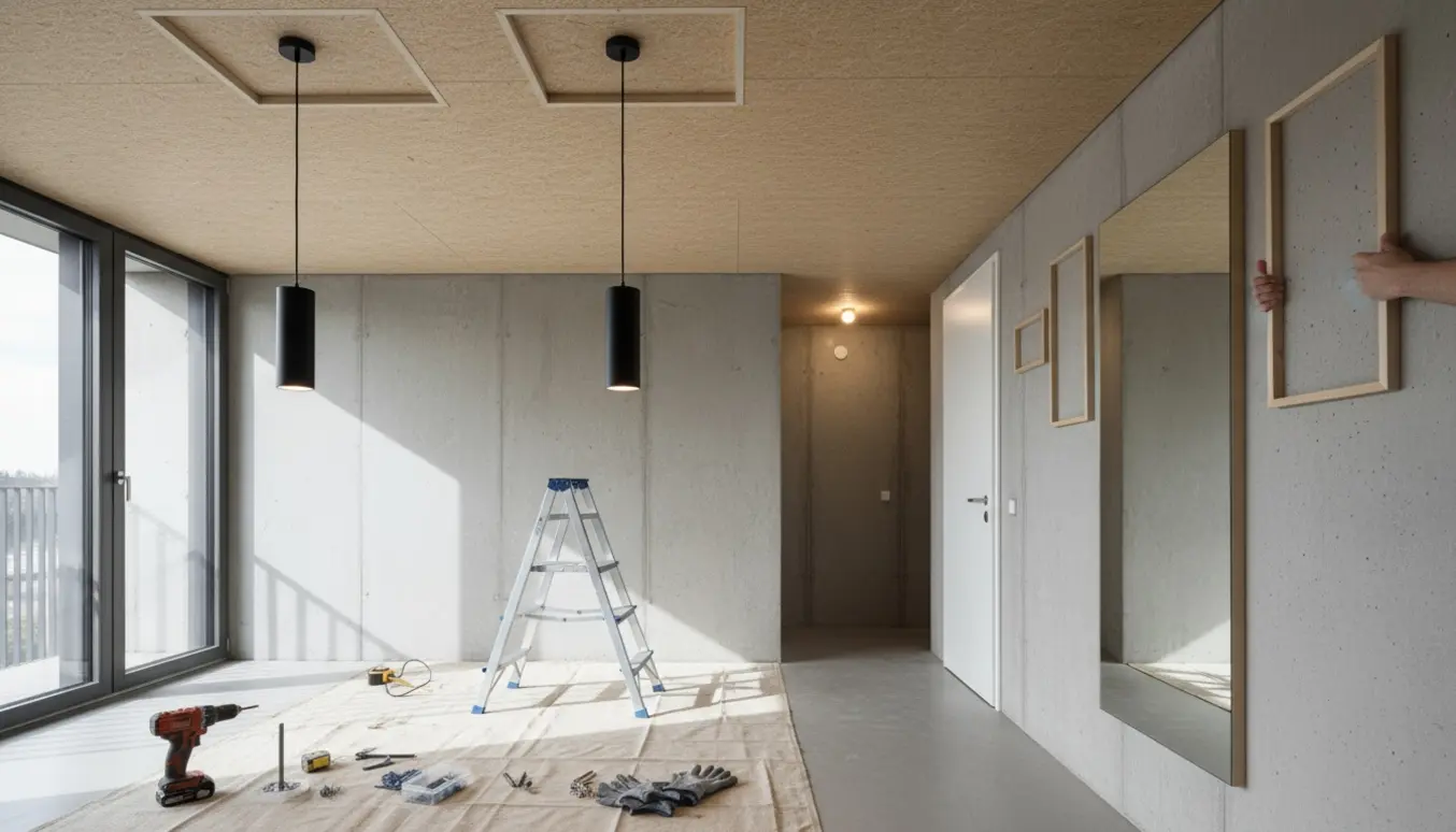 Lejlighed med to nye loftlamper i stuen, en lampe i depotrummet, et hængt spejl og to billeder på en betonvæg samt stige og værktøj.