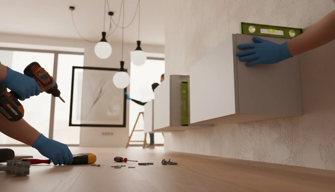 Hænder monterer tre pendellamper, et væghængt skab og et billede i en lys stue med værktøj som boremaskine og vaterpas.