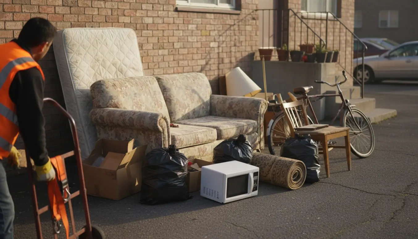 Bunke blandet storskrald ved fortovet med sofa, madras og flyttegeredskaber i blødt morgenslys.