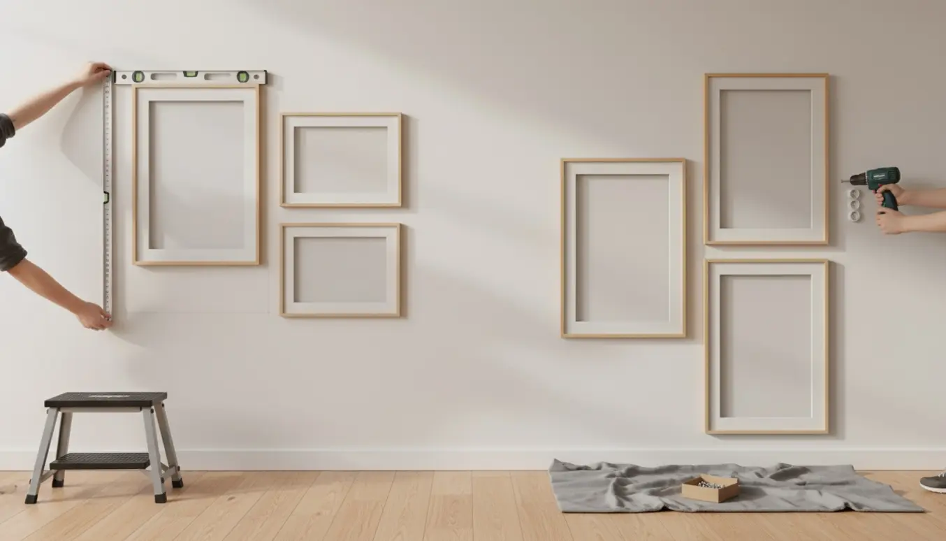 Fem billedrammer hænges op på en lys væg med målebånd, vaterpas og boremaskine.