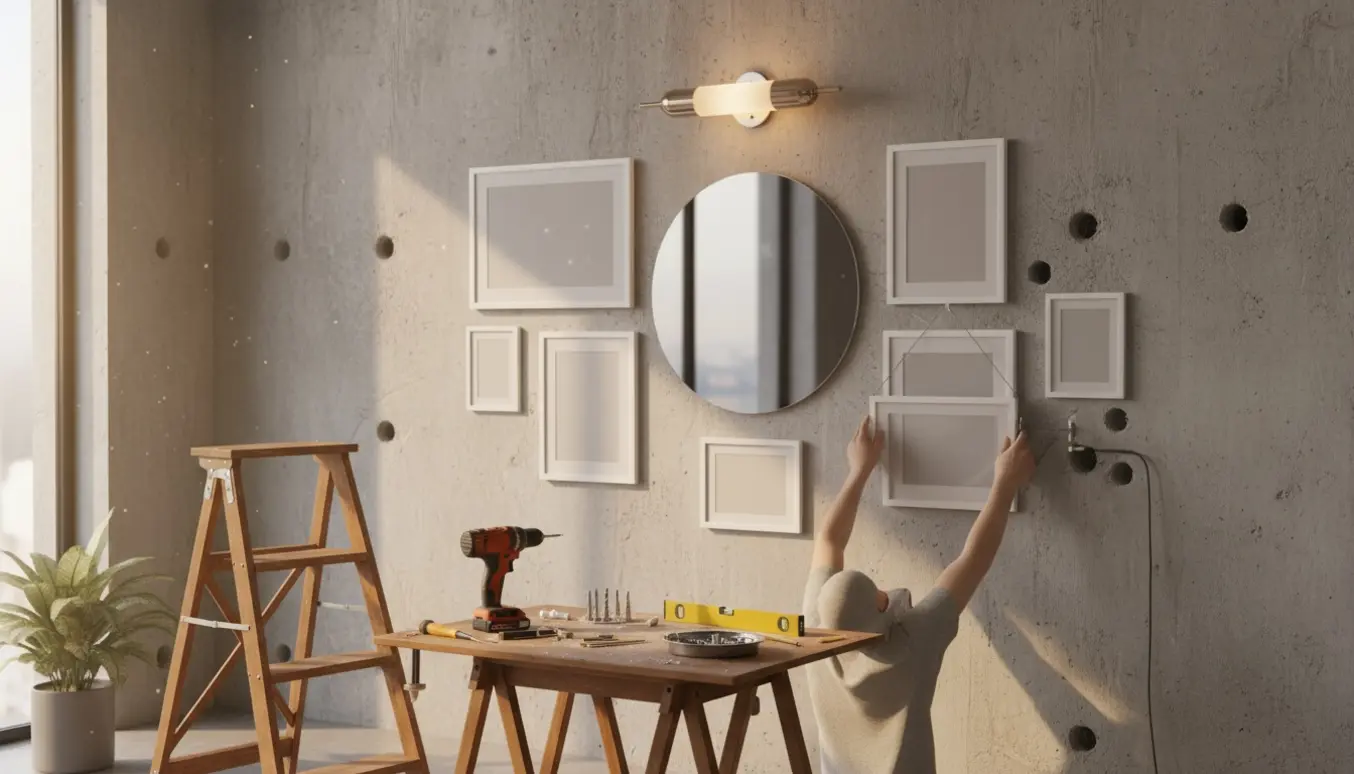 Nærbillede af ophængning af syv-otte billeder, et spejl og en lampe på en betonvæg.