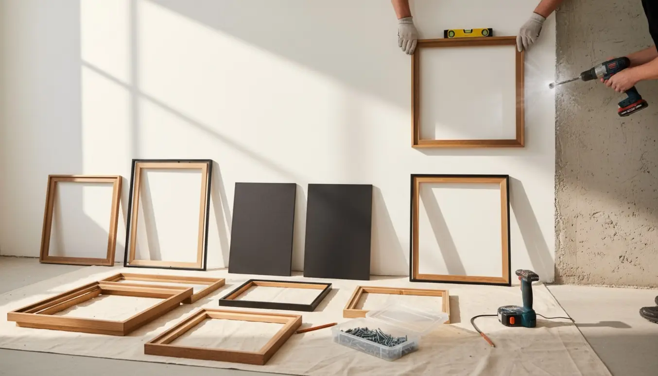 Nærbillede af ophængning af billeder og magnettavler på gips- og betonsvæg med boremaskine og rawl plugs.