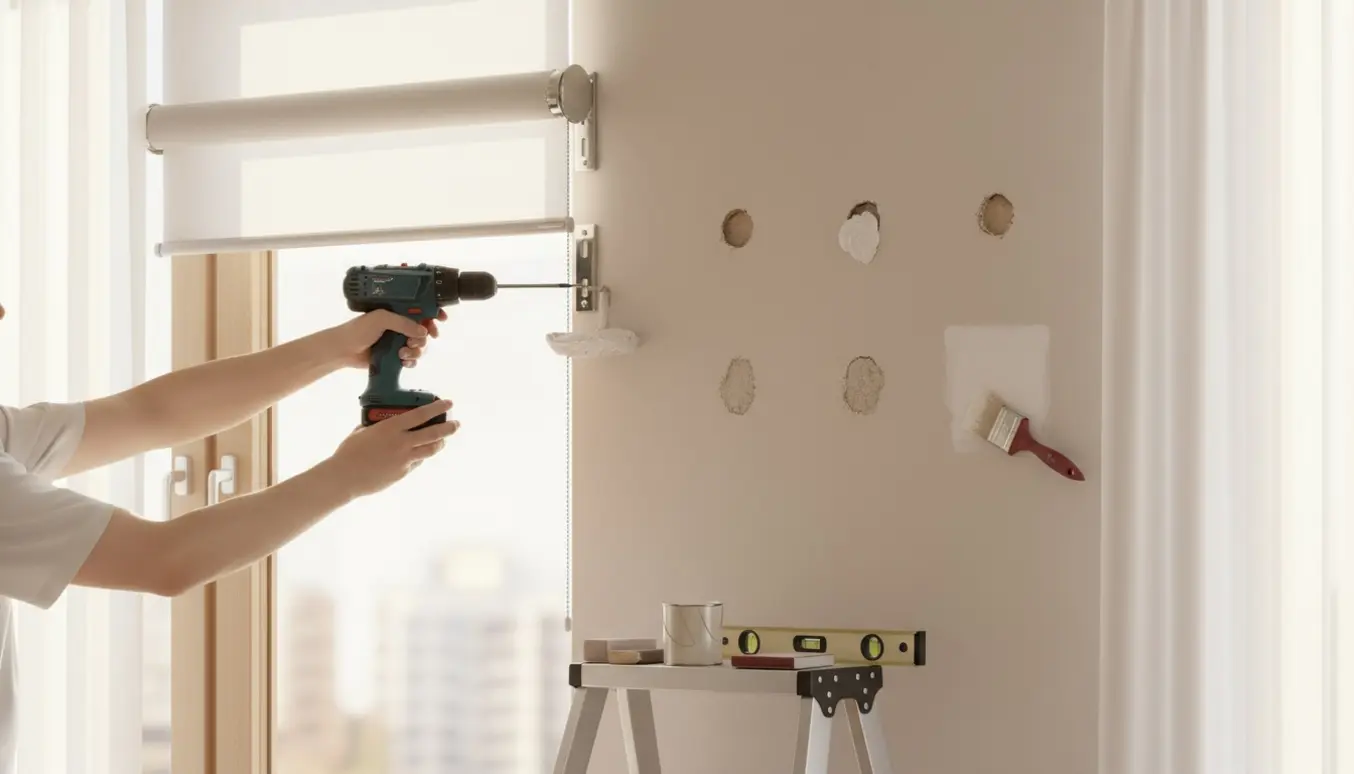 Hænder installerer et rullegardin ved et vindue og reparerer fire tidligere borehuller i væggen.