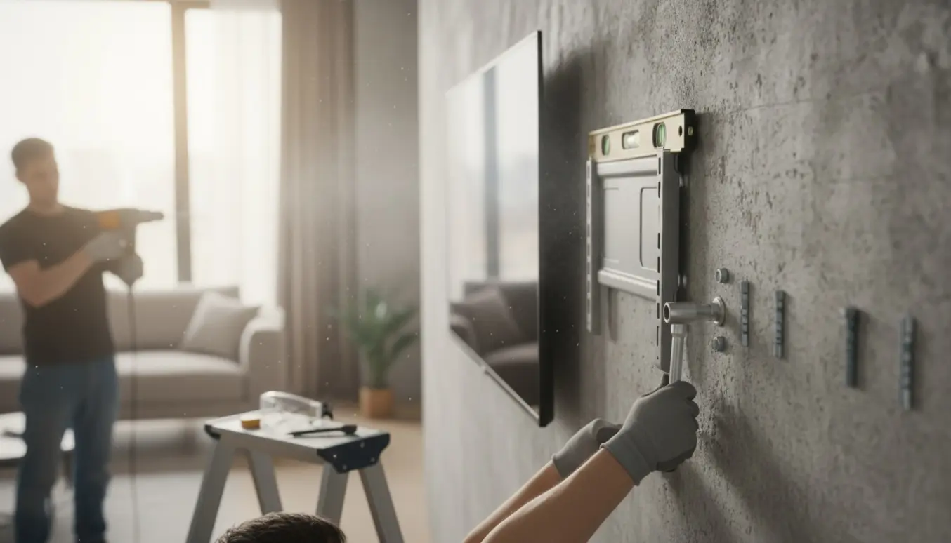 Et mellemstort fladskærms-tv monteres på en betonvæg med vægbeslag og boremaskine, uden synlige ansigter.