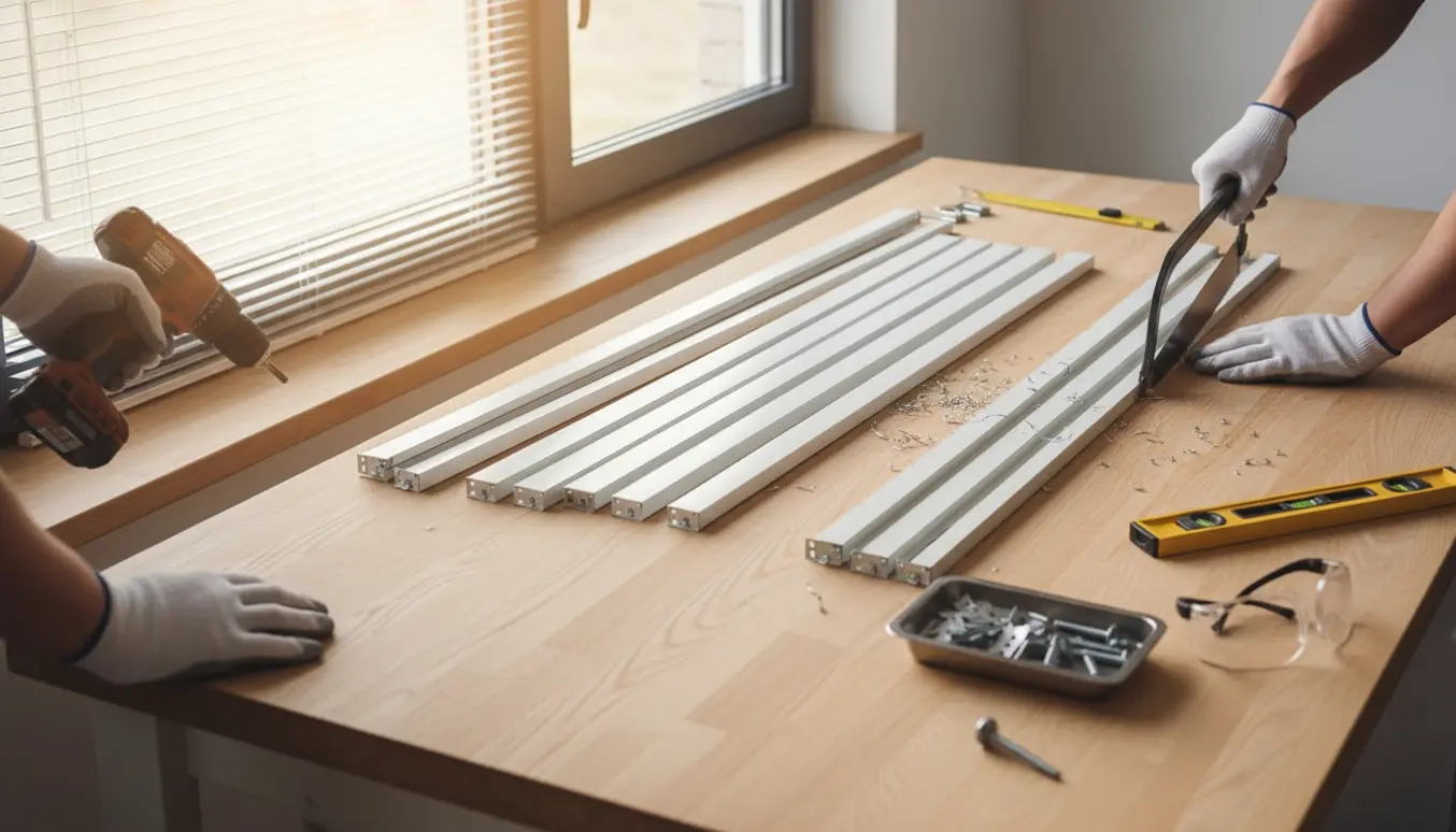 Hænder monterer og tilskærer fem persienner ved et vindue med værktøj på et bord.