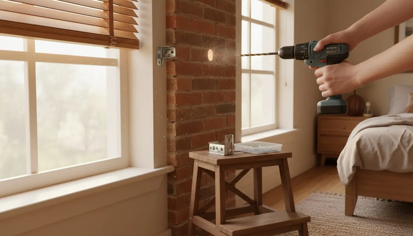 Nærbillede af hænder, der borer i en murstensvæg og monterer beslag til en træpersienne ved et soveværelsesvindue.
