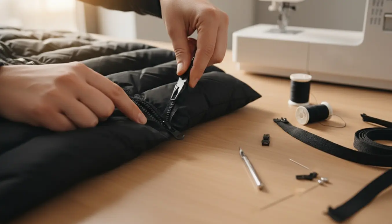 Nærbillede af hænder, der udskifter en sort lynlås på en vinterjakke med værktøj og reservedele på et oplyst sybord.