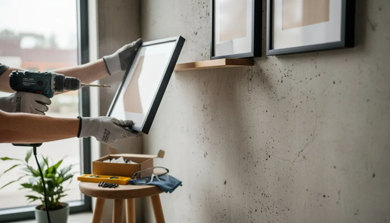 Nærbillede af hænder, der med et slagbor monterer en træhylde og tre rammer på en betonvæg.