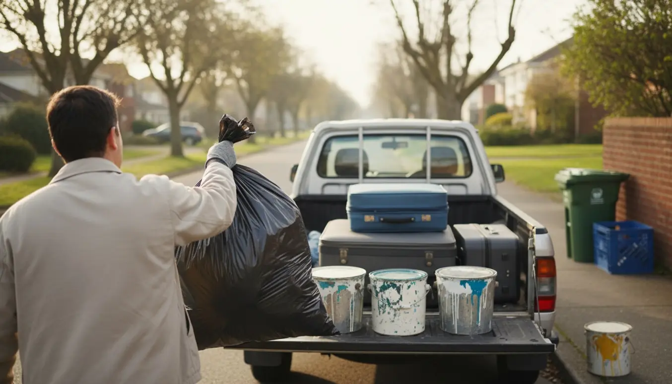 Person fra ryggen løfter sorte skraldesække og kufferter ind i en åben ladbil ved ubrudte skraldestativer.