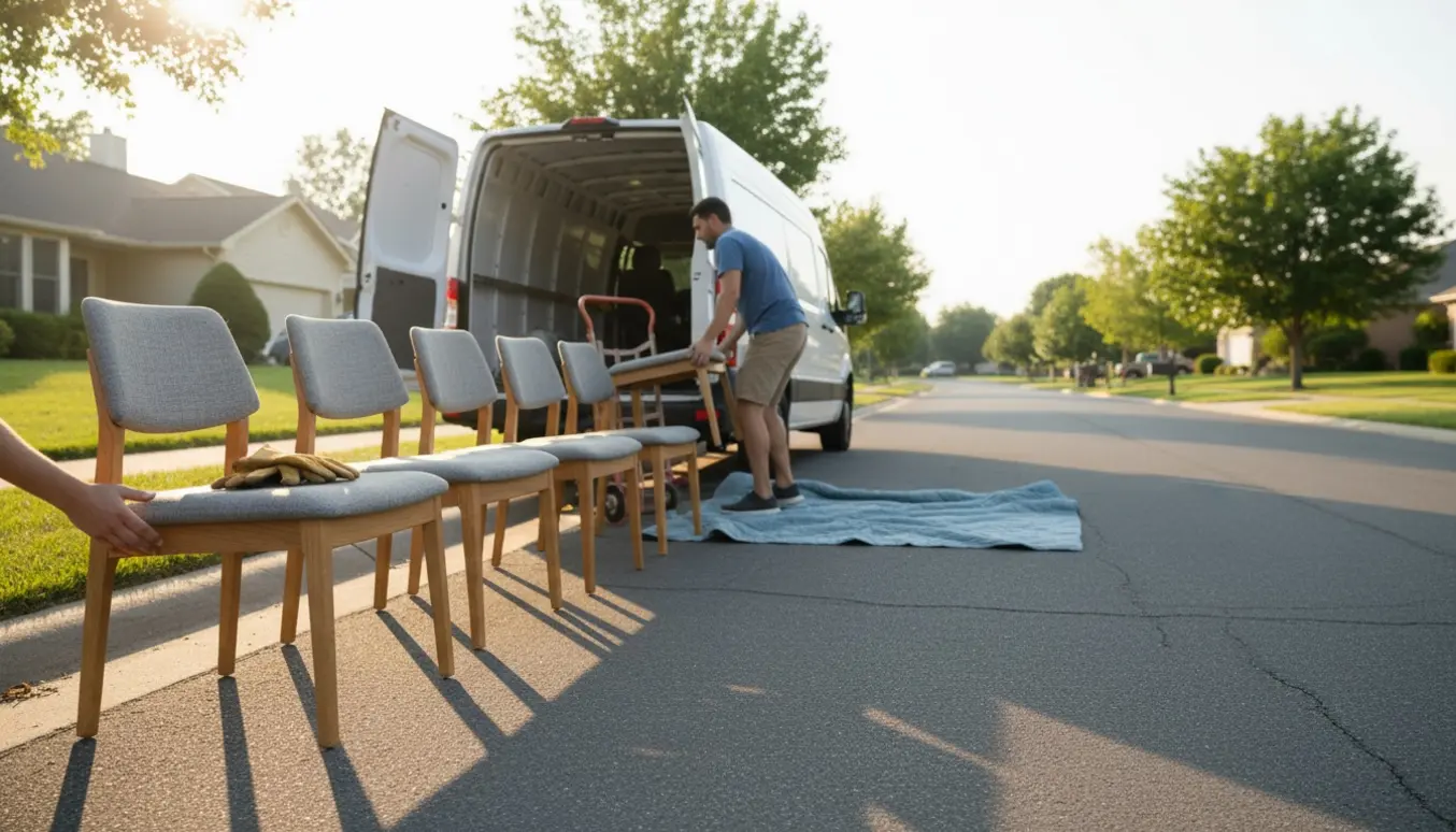 Fem spisebordsstole står ved kantstenen klar til afhentning ved en varevogn om morgenen.