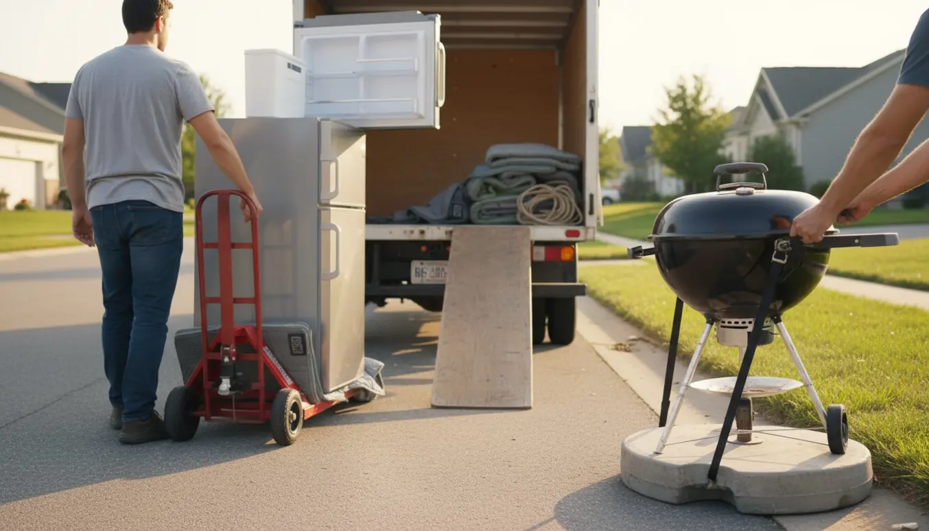 Flyttefolk læsser et køleskab, en grill og en parasolfod op i en lille flyttebil ved fortovet.