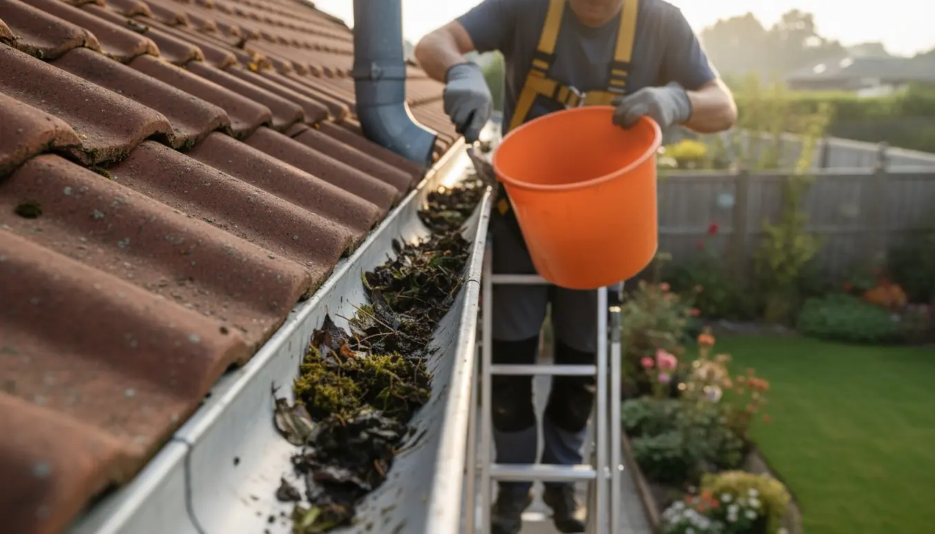 En person på en stige fjerner blade og snavs fra en lang tagrende med handsker og spand.