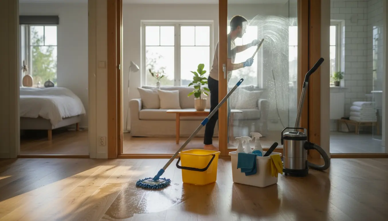 Rengøringsperson mopper gulv og pudser vindue i et lyst sommerhus med rengøringsudstyr.
