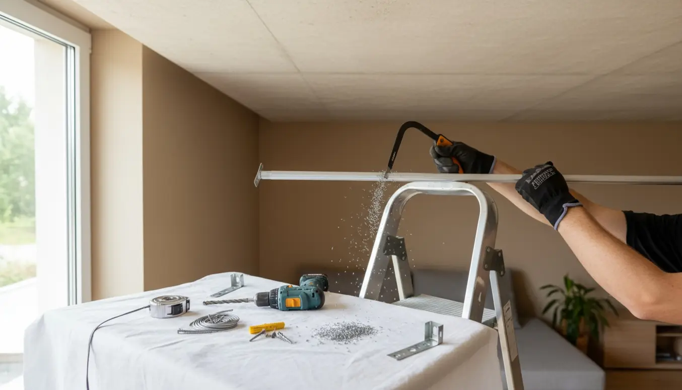 Hænder tilpasser og monterer en loftmonteret gardinstang med håndsav, boremaskine og monteringsmaterialer.