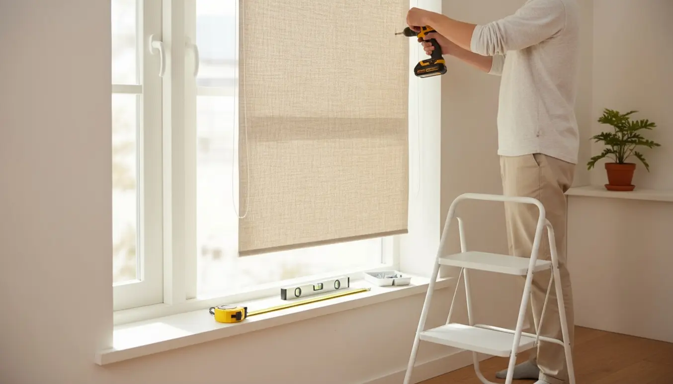 Hænder monterer et rullegardin på et højt, smalt vindue med værktøj på vindueskarmen.