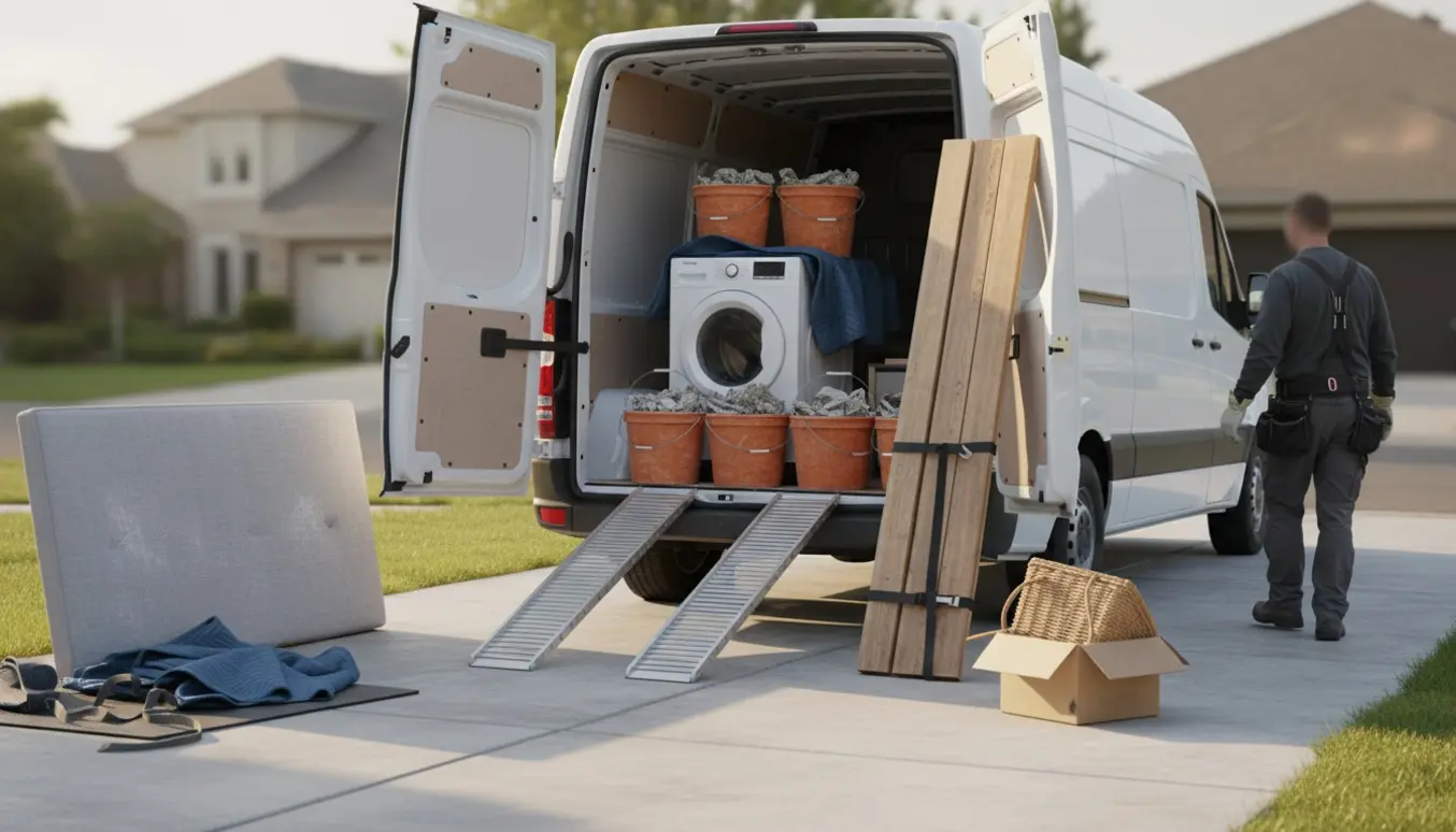 Åben varevogn på indkørsel med vaskemaskine, fire murespande, lange brædder, senggavel og en kasse med cykelkurv.