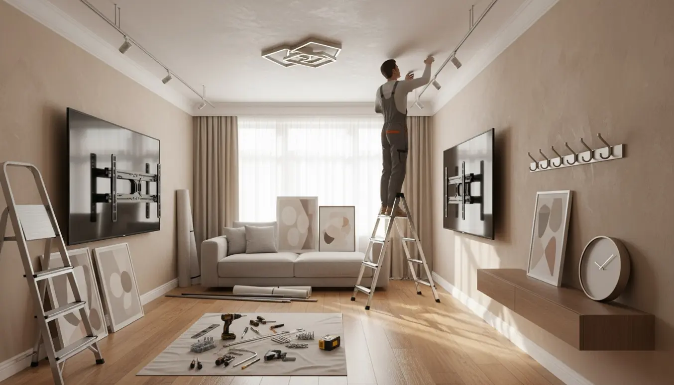 En håndværker på en stige monterer en loftslampe i en stue med værktøj og materialer samlet klar til ophængning.