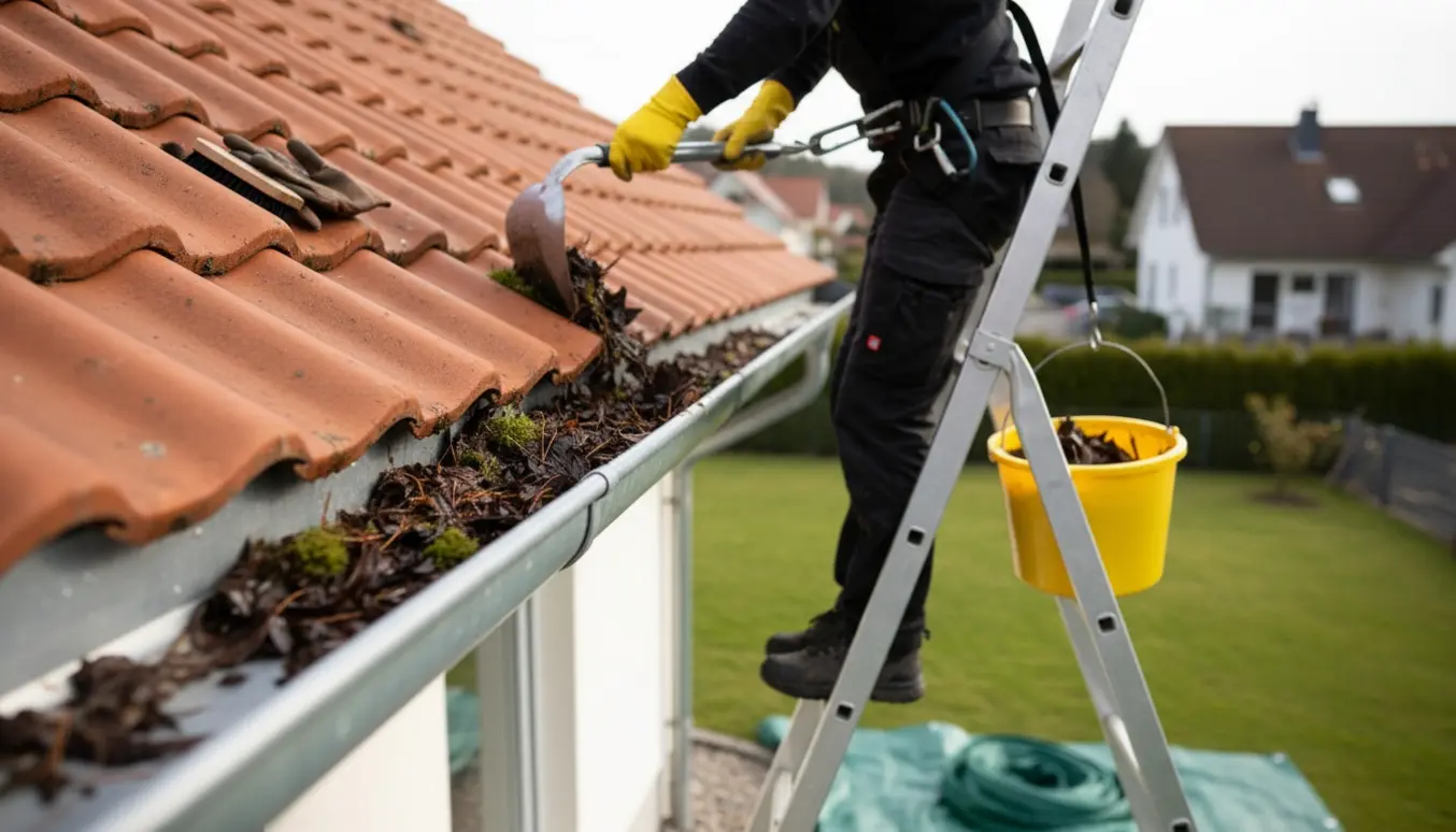 Person i handsker renser lange tagrender med rive og spand fra en stige cirka 4–5 meter over jorden.