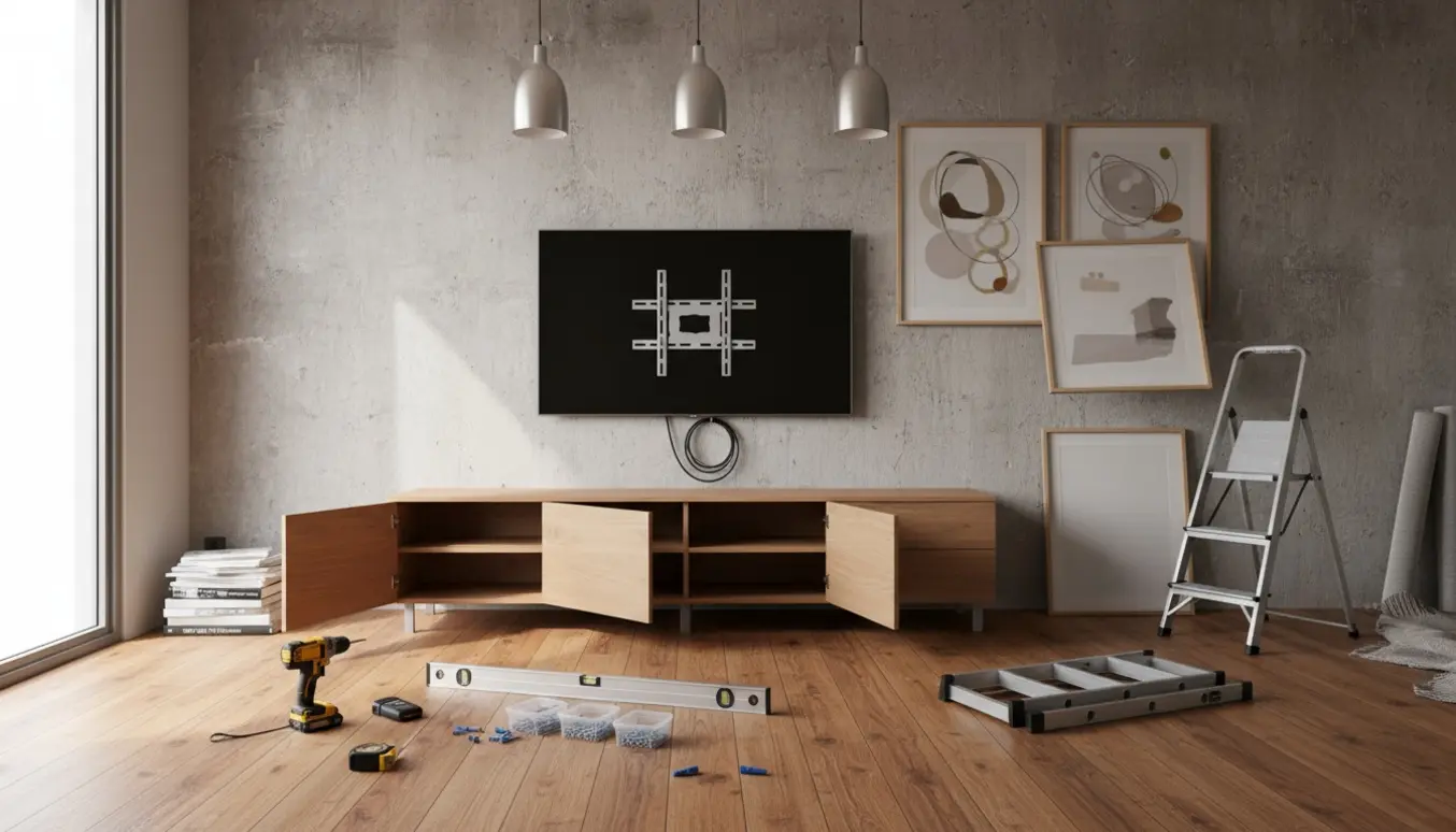 Nyindflyttet stue med lamper og billeder ved at blive sat op på en betonvæg, værktøj og nye skabslåger klar på gulvet.