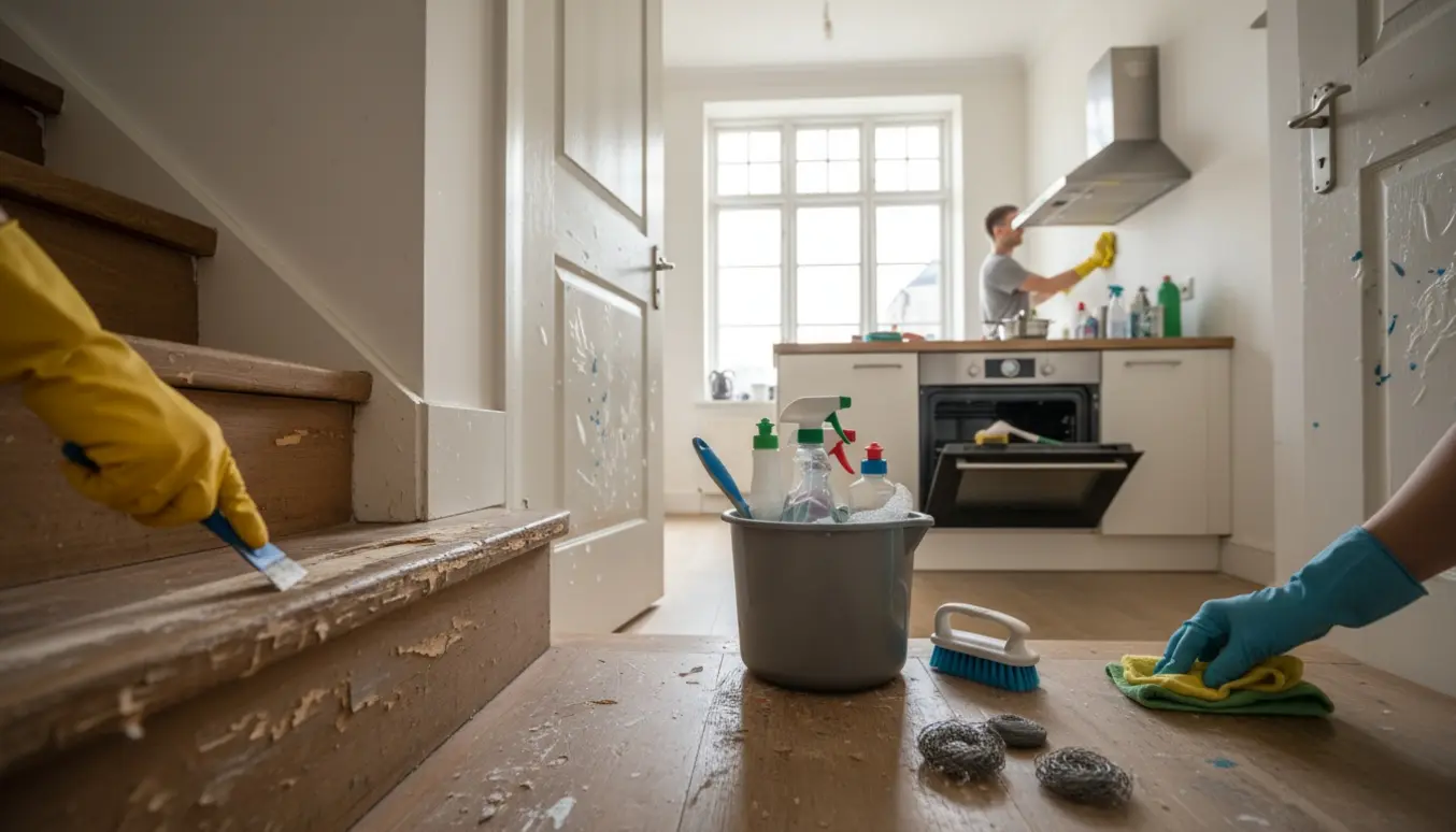 Trappe og køkken under flytterengøring med fjernelse af lim fra trappetrin og klistermærker på døre.