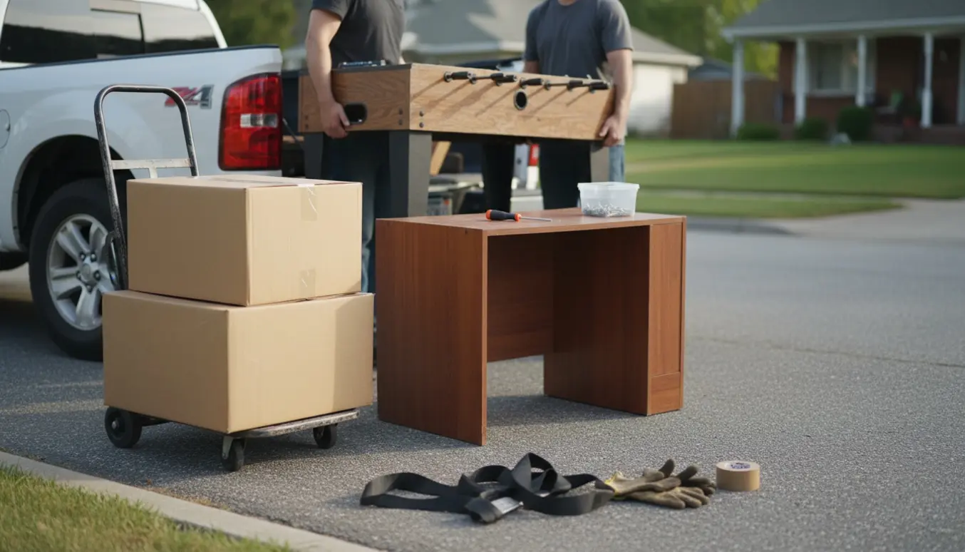 Et bordfodboldbord løftes ind i en varebil ved fortovet med en lille disk og to store papkasser klar til afhentning.