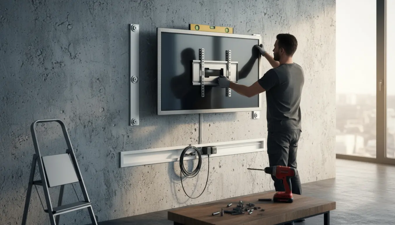Montering af et moderne fladskærms-tv på en rå betonvæg med værktøj og kabelstyring.