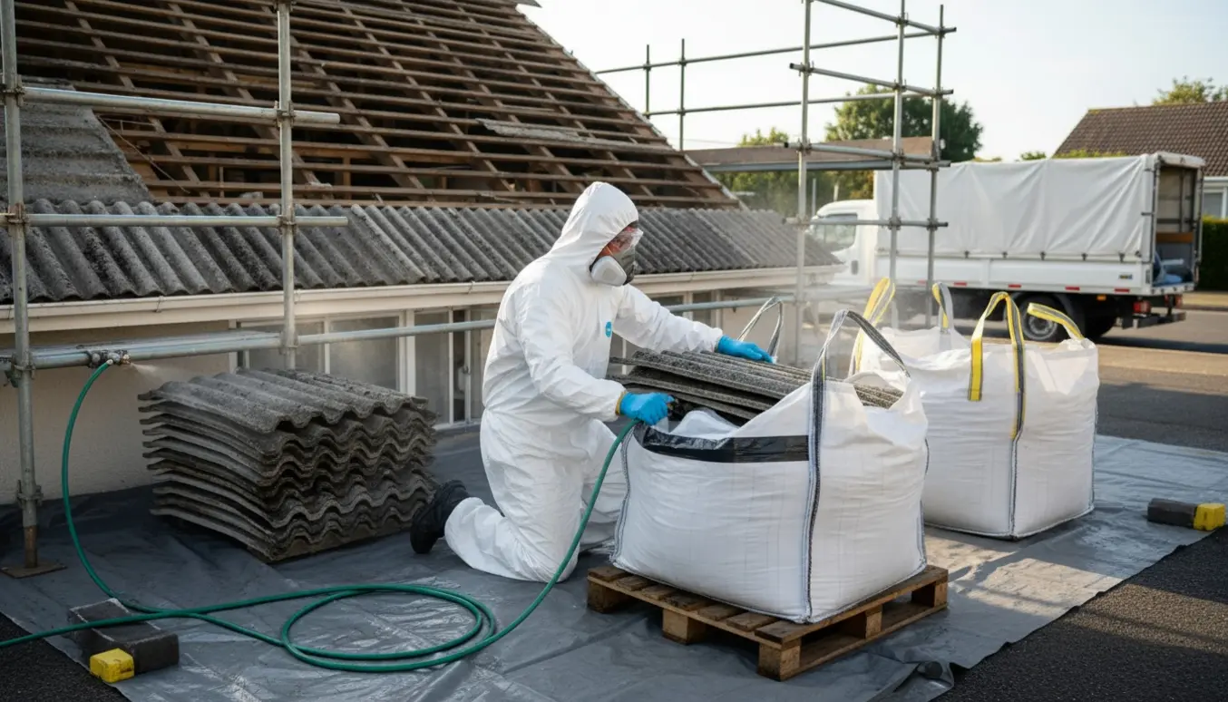 Arbejdere i beskyttelsesdragter pakker og forsejler asbesttagmateriale i bigbags til sikker bortskaffelse.