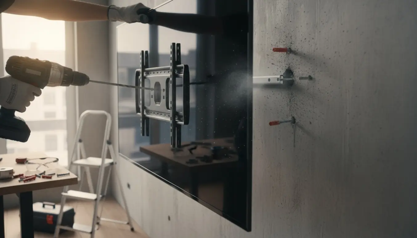 En håndværker monterer et stort fladskærms-tv på en betonvæg med boremaskine og monteringsbeslag.