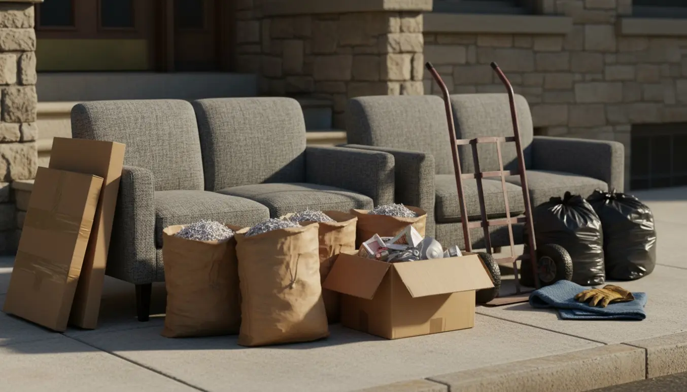 To små sofaer, flere sække papir, en kasse med blandet affald og en stak fladpapp klar ved kantstenen til storskrald.