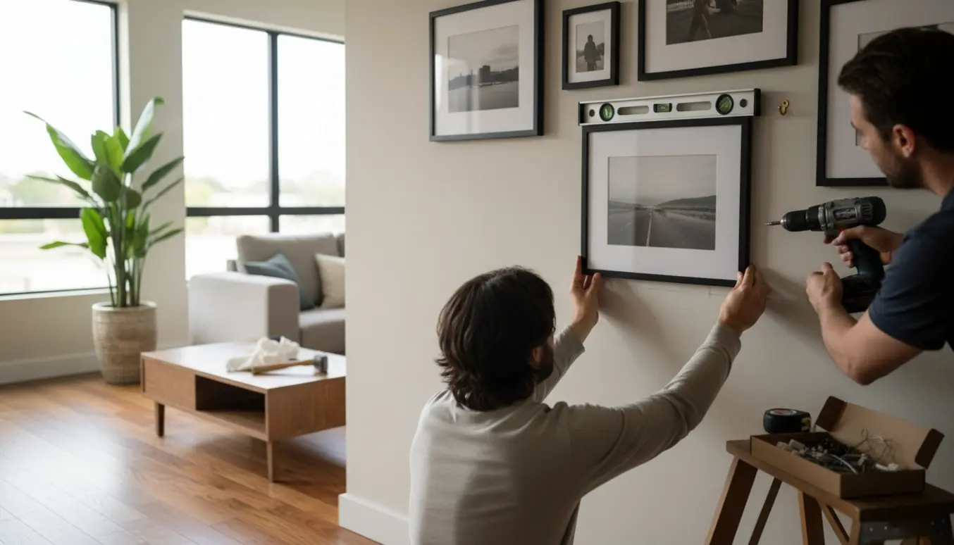 Hænder hænger en billedramme op i en lys stue med værktøj som vaterpas og boremaskine.