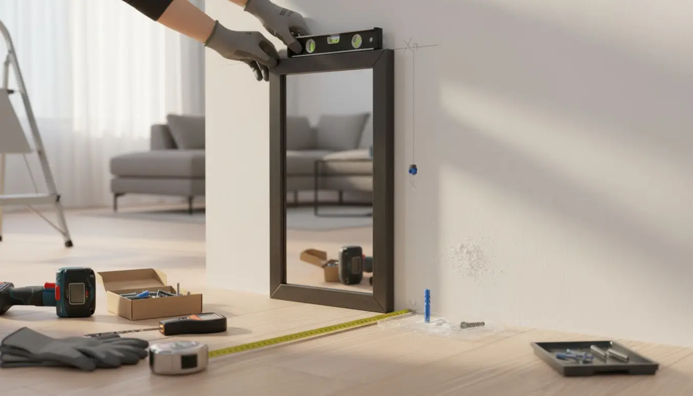 Hænder monterer rawlplugs og hænger et smalt spejl på en gipsvæg.