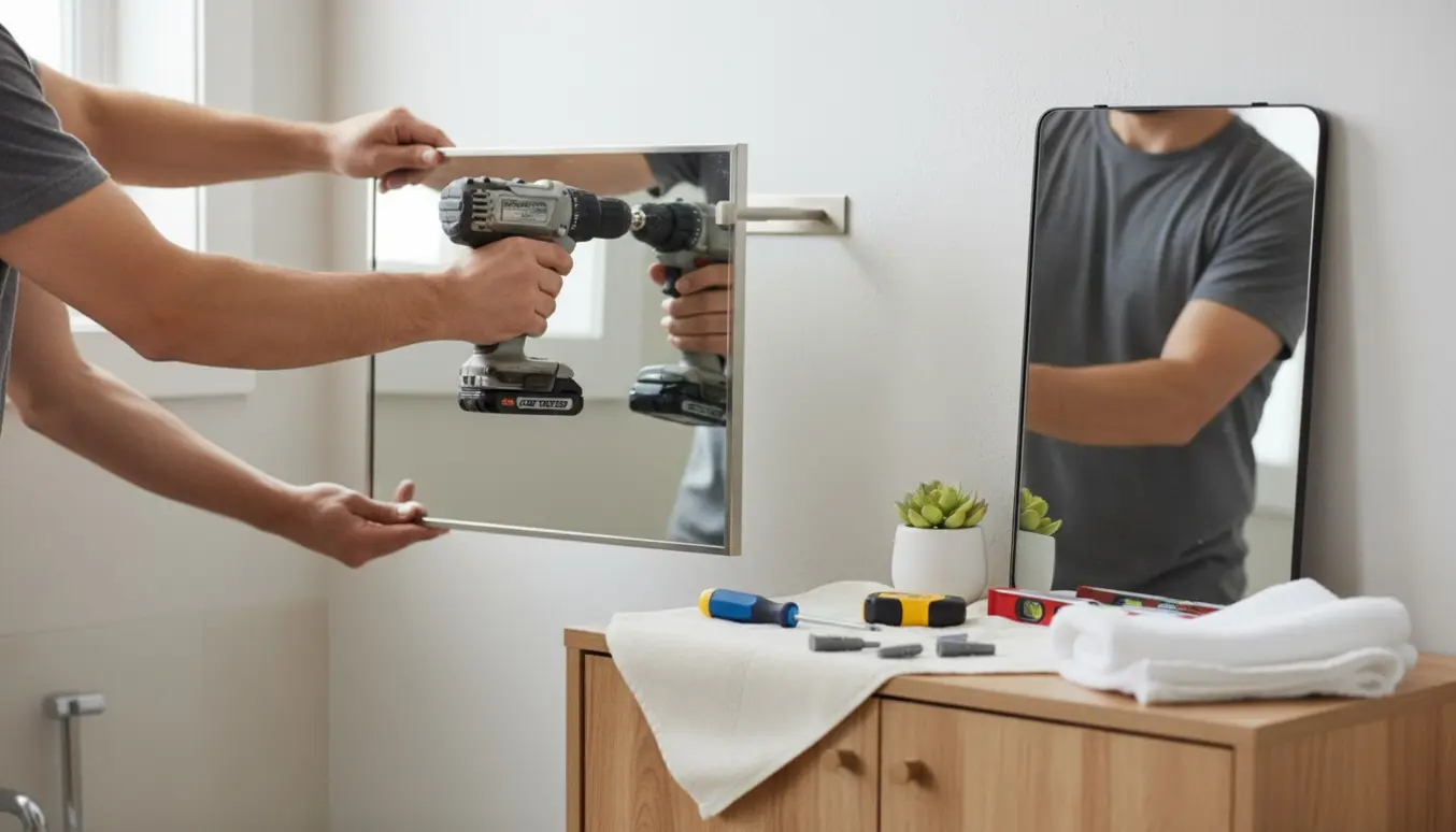 Hænder hænger et nyt rektangulært spejl vandret over et badeværelsesvask med værktøj og det gamle spejl lænet til siden.