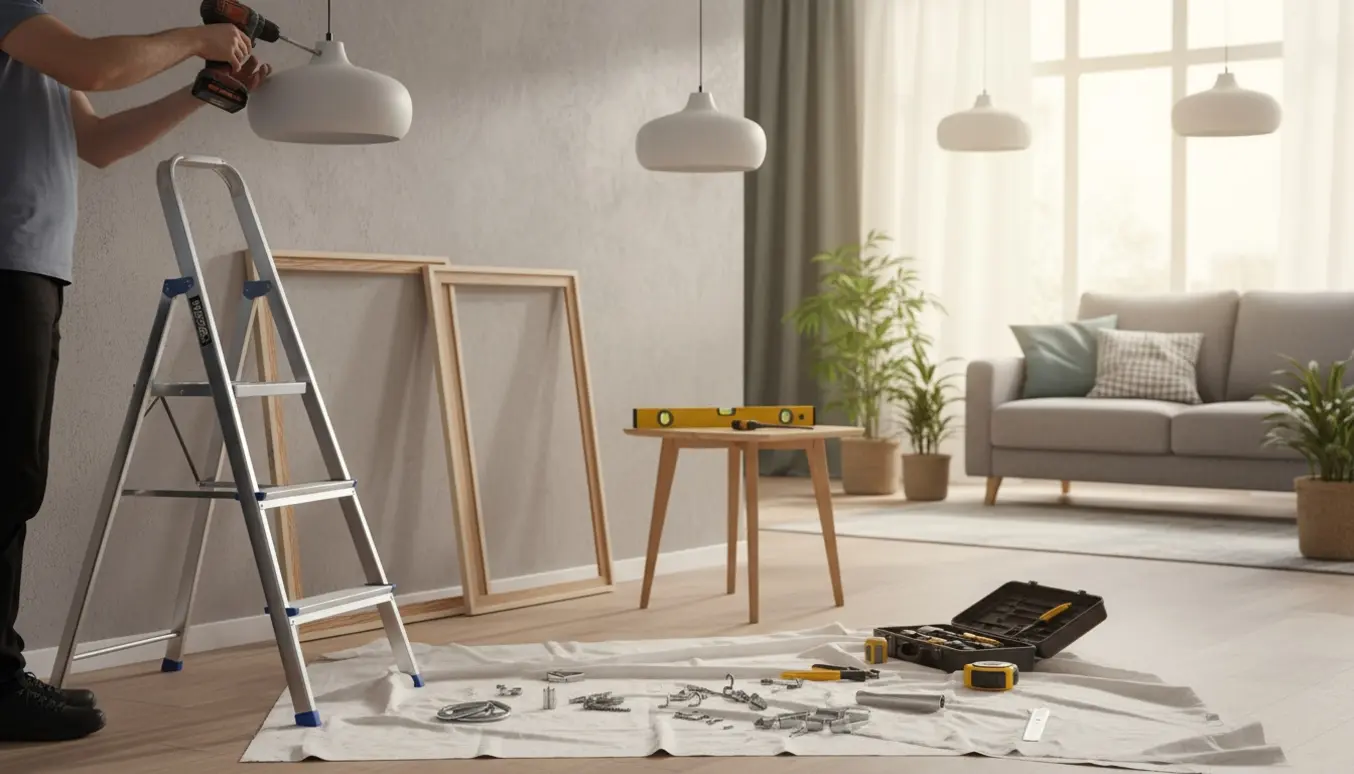 Hænder monterer loftslamper og ophæng i en solbelyst stue med værktøj og rawlplugs.