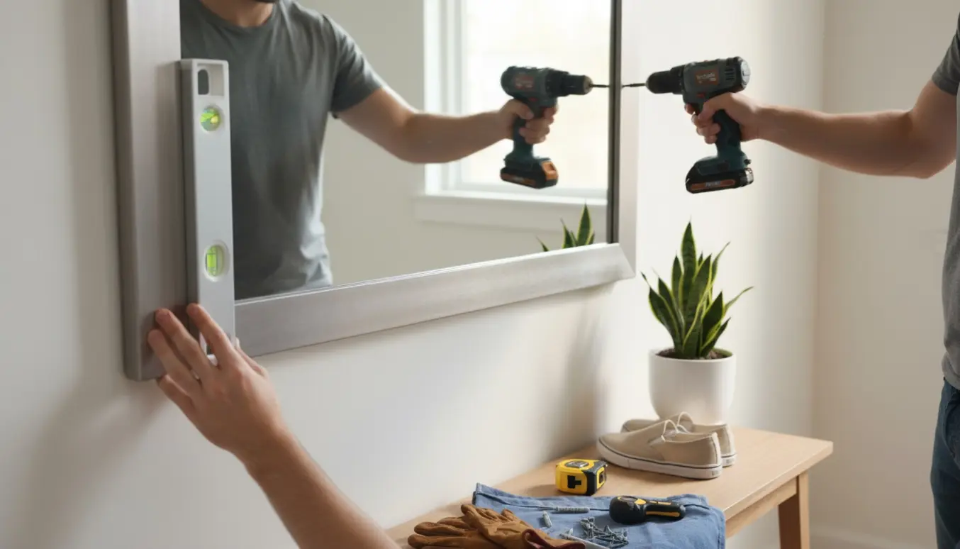 Hænder monterer et tungt rektangulært spejl i en lys entre med værktøj på et konsolbord.