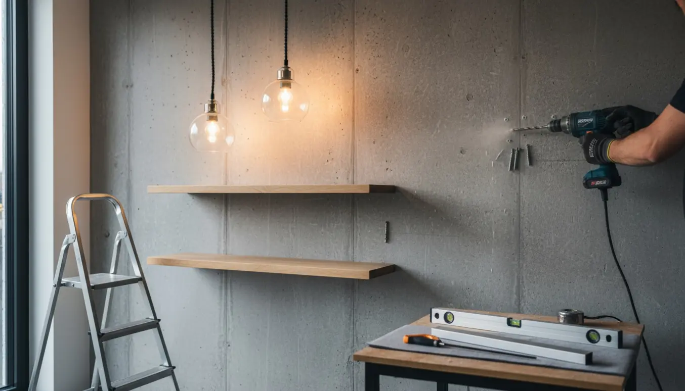 Håndværker monterer lamper, hylder og gardinskinner på en rå betonvæg i en nybygget bolig.