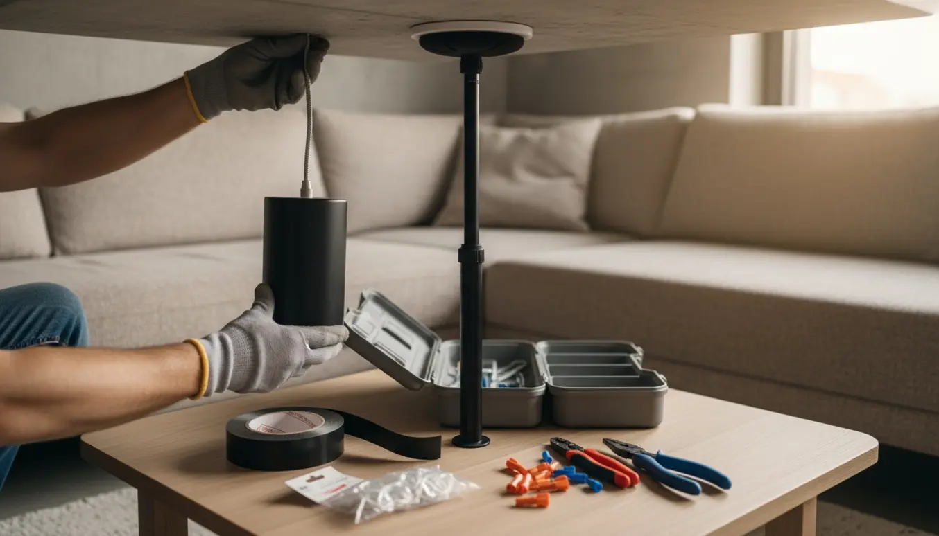 Hænder monterer en loftlampe mod et betonloft med en teleskopstang og klæbemontering på et bord ved siden af.