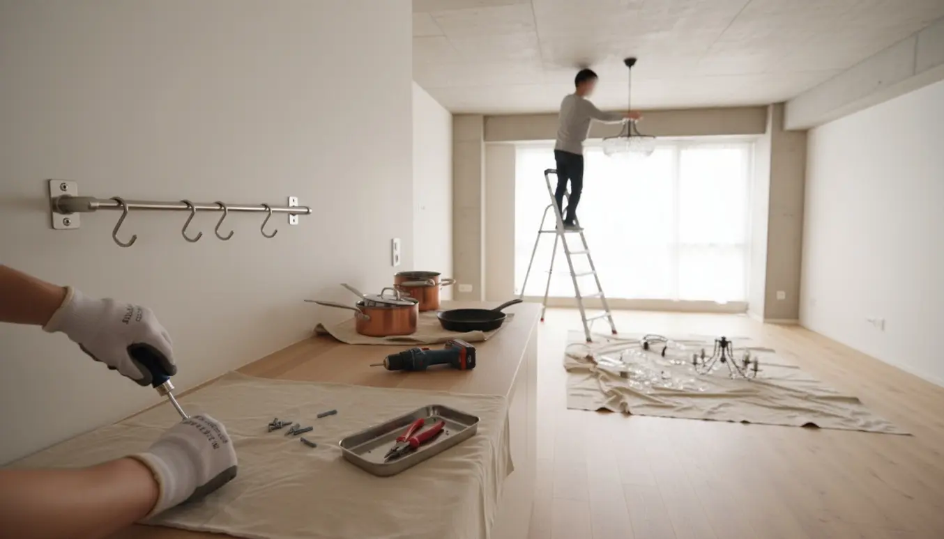 Hænder i handsker fjerner en stålstang fra køkkenvæggen, mens en nedtaget lysekrone ligger på en beskyttelsesdug i stuen.
