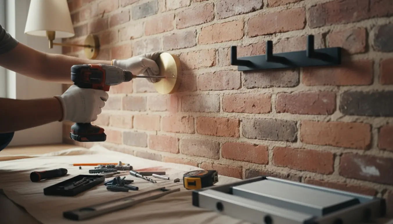 Hænder monterer to væglamper og to tøjkroge i en murstensvæg med boremaskine og værktøj.