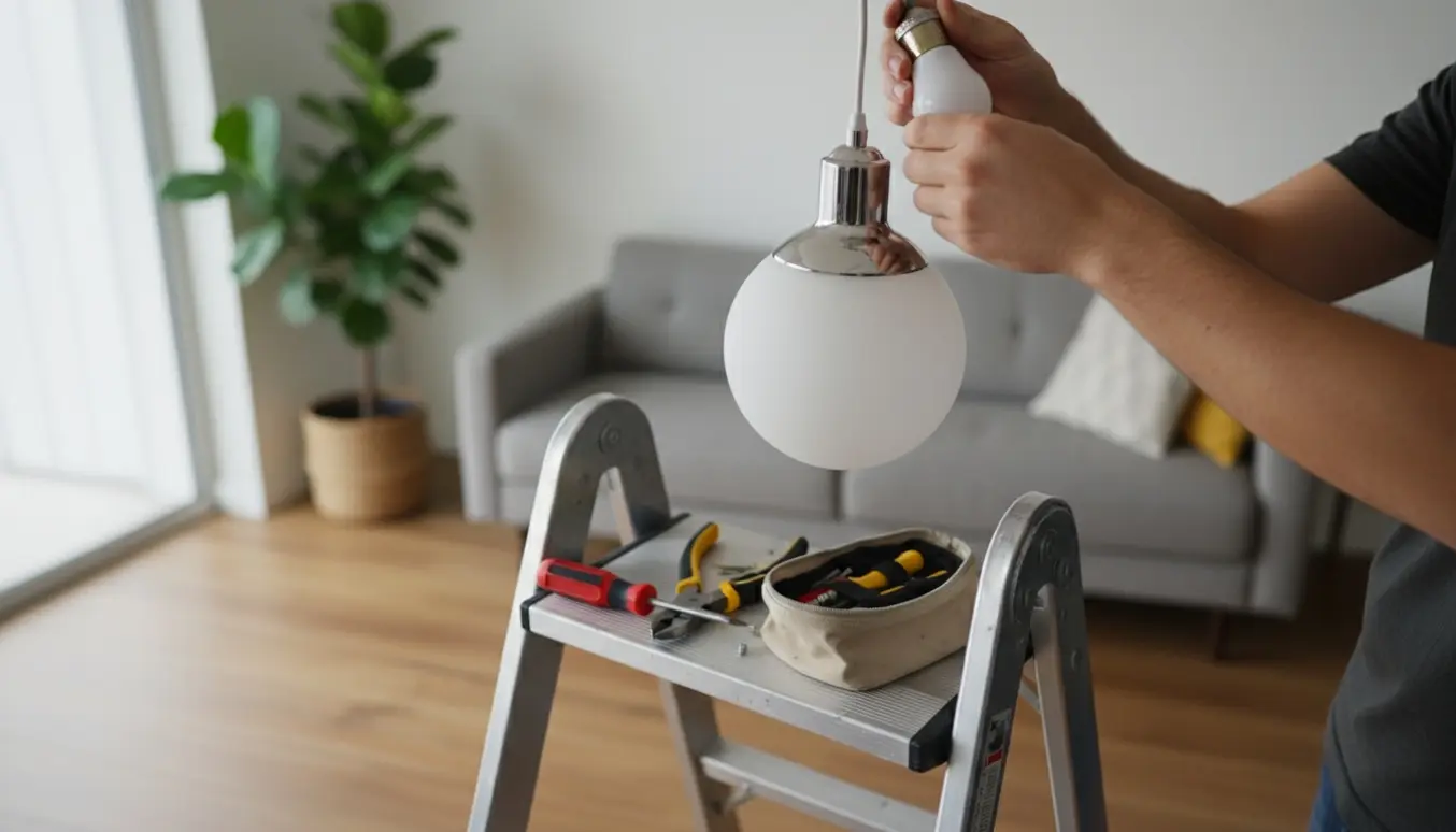 Hænder monterer en loftlampe fra en stige i en lys, moderne lejlighed.