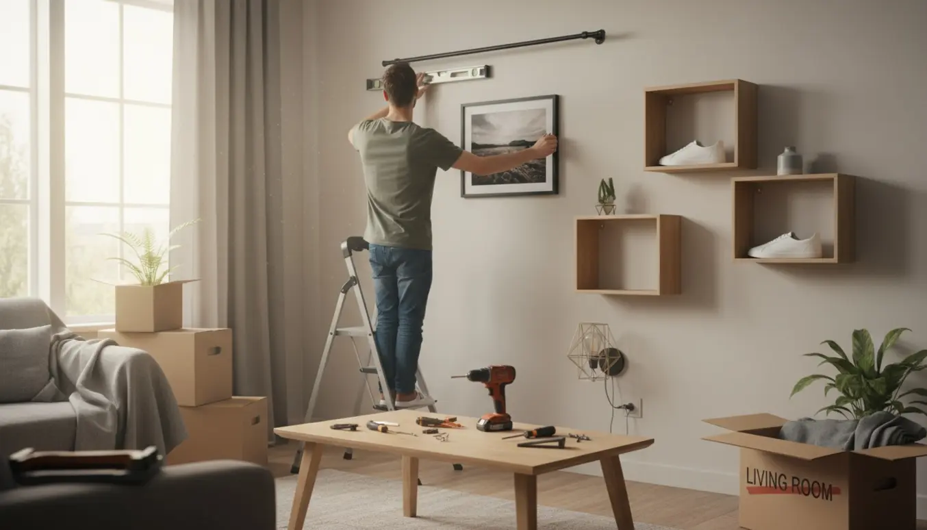 Hænder monterer gardinstang, hænger billeder og sætter væghylder til sko op i en lys, nyindflyttet stue.